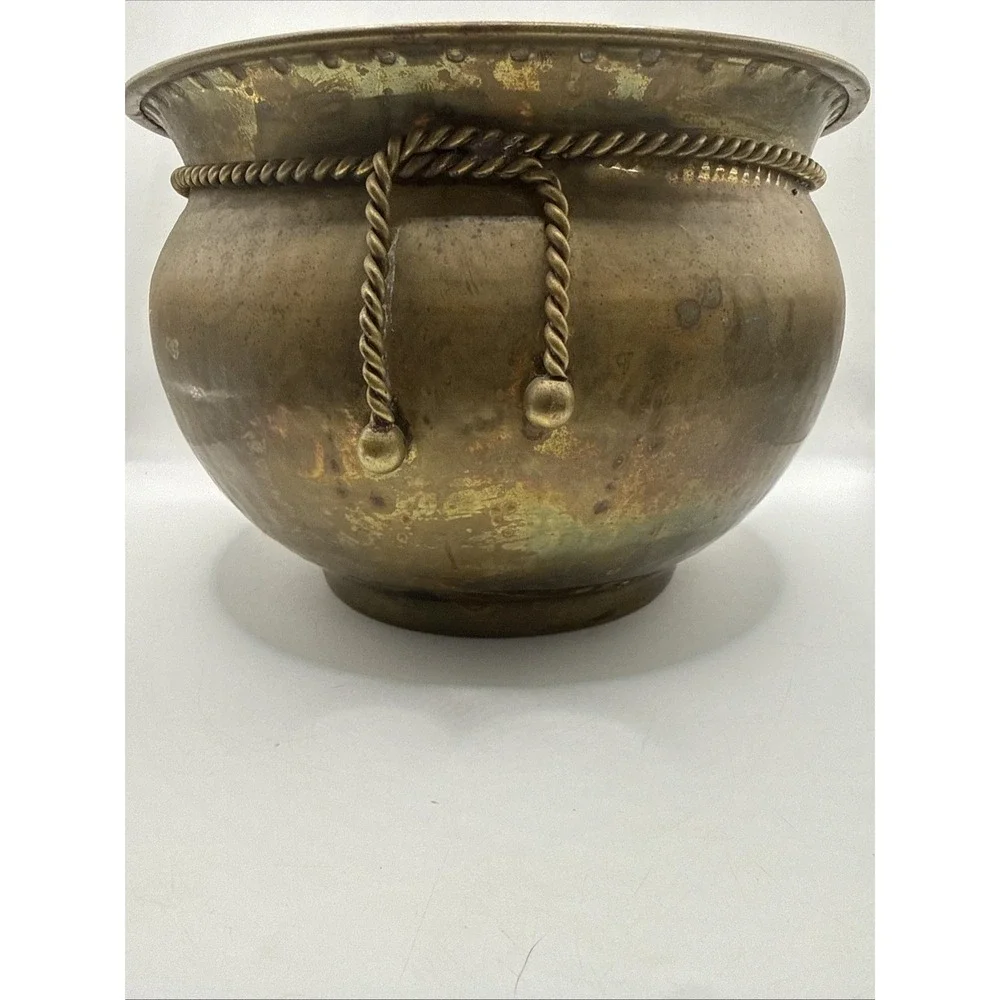 Vintage Brass Bowl Planter With Rope And Tassel Trim Nice Patina 6